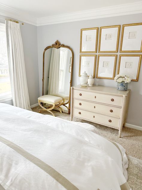 Coastal Grandmother Guest Bedroom, White Bedroom Drawers, Grand Millennial Guest Bedroom, Grandmillineal Bedroom, Grand Millennial Master Bed, Coastal Feminine Bedroom, Grand Millennial Apartment Decor, Grand Millennial Dresser Decor, Grand Millennial Guest Room