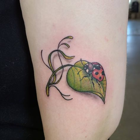 Adorable ladybug tattoo done by @kristylynneart in a colour realistic style!! Love how the shading makes it appear as though the leave is actually over the skin, giving a realistic appeal to it! Lovin the green's and yellows! Ladybug On A Leaf Tattoo, Tattoo Ladybug, Ladybug Tattoo, Realism Tattoos, Leaf Tattoo, Lady Bug Tattoo, Mama Tried, Plant Tattoo, Tattoos For Black Skin