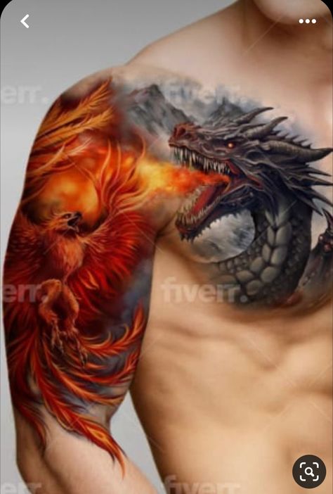 Phoenix And Dragon Tattoo, Phoenix Tattoo Men, Phoenix Tattoo Sleeve, Skull Couple Tattoo, Dragon Tattoo Shoulder, Tato Phoenix, Phoenix And Dragon, Phoenix Tattoo For Men, Dragon Tattoos For Men