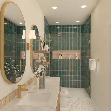 Mint Green Tiles In Bathroom, Green Brick Tiles Bathroom, Modern Green Tile Bathroom, Bathroom Ideas Ensuite, Green And Timber Bathroom, Sage Master Bath, Green And Sand Bathroom, Green Shower Room Ideas, Bathroom With Colorful Tiles