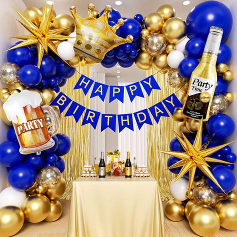 PRICES MAY VARY. Package Include: 56pcs royal blue balloons (1pcs 18inch, 10pcs 12inch, 15pcs 10inch, 30pcs 5inch), 21pcs metallic gold balloons(1pcs, 18inch, 10pcs, 10inch, 10pcs, 5inch), 30pcs 5inch white balloons, 5pcs 12inch gold confetti balloons, 2pcs 22inch gold starburst balloons, 1pcs 17x35inch foil balloon, 1pcs 17.7x23.6inch mug cheers balloon, 1pcs 24inch gold Headwear Balloons, 1pcs happy birthday banner, 1pcs roll glue dot, 1pcs decorating strip , 1pcs black ribbons Great Quality:A Blue White And Gold Party Decor, 60th Birthday Decorations For Men, Beer Balloon, Snowflake Birthday Party, Gold Birthday Party Decorations, Gold Birthday Decorations, Blue Party Decorations, 60th Birthday Decorations, Black And Gold Balloons