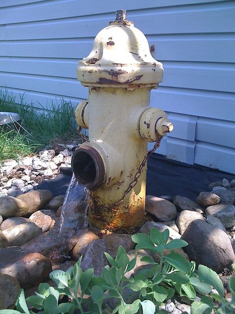 Lance will be making something similar to this for our dogs in the back yard. Ours will have a bowl under the water and will be their water bowl! Yard Dog Area, Yard Fountain, Fountain City, Fire Hydrants, Dog Water Fountain, Decorative Garden Fencing, Outdoor Water Features, Dog Yard, Water Spout