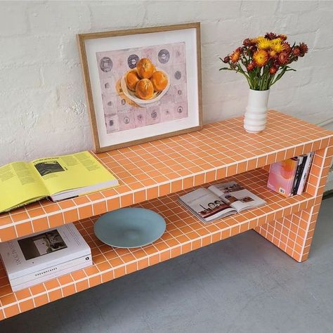 Funky Shelving Ideas, Unique Plant Display, Tiled Bookcase, Tiled Tv Stand, Tile Shelf Diy, Tiled Console Table, Tile End Table, Tiled Bookshelf, Diy Tile Shelf