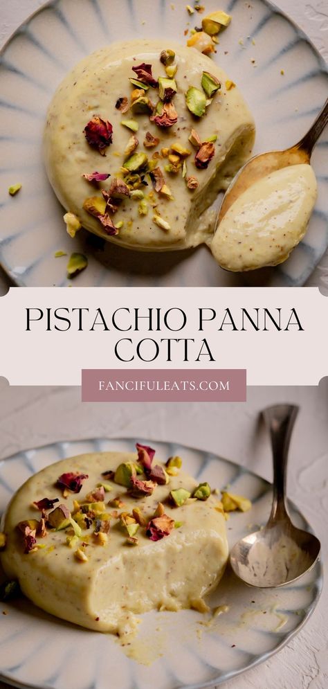 Pistachio Panna Cotta. Pistachio Recipes Desserts, Pistachio Cheesecake, Pistachio Dessert, Pistachio Butter, Panna Cotta Recipe, Comfort Desserts, Dessert Recipies, Elegant Desserts, Mousse Recipes