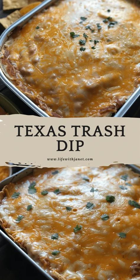 Texas Trash Dip Texas Bean Dip, Easy Warm Dip Recipes, Texas Trash Chicken, Trash Dip Recipe, Cheesy Dip Recipes, Warm Bean Dip, Texas Trash Dip, Savory Dips, Texas Trash