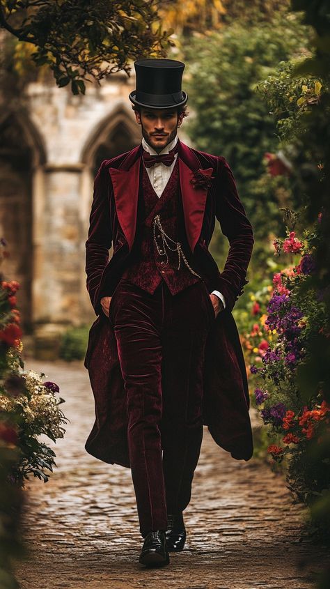 #Elegant #vintage #gentleman: A distinguished man in an #elegant #maroon #Victorian suit walks confidently through a blooming #garden alley. #aiart #aiphoto #stockcake ⬇️ Download and 📝 Prompt 👉 https://stockcake.com/i/elegant-vintage-gentleman_1317962_857616 Romantic Groom Attire, Victorian Man Aesthetic, Victorian Era Mens Fashion, Dickensian Fashion, 1890s Fashion Male, Victorian Fashion Male, Vintage Aesthetic Men, Victorian Male Fashion, Mens Victorian Fashion