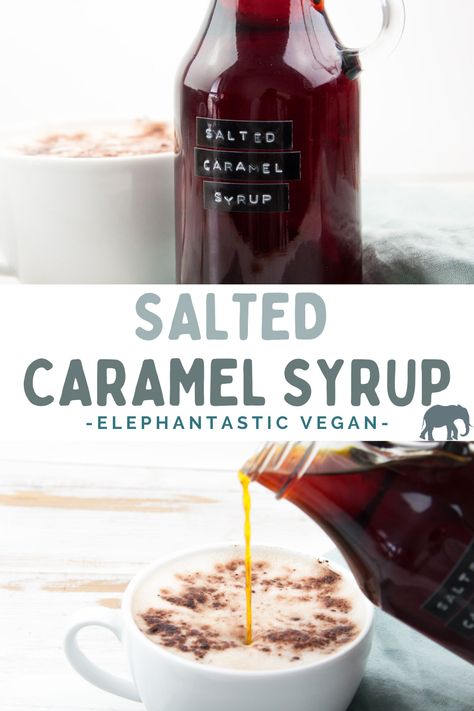 Make your own Salted Caramel Syrup for coffee, chai, and matcha at home. It's so much cheaper, easy to make and you'll only need 3 ingredients. You'll love it! | ElephantasticVegan.com #salted #caramel #syrup Homemade Caramel For Coffee, Salted Caramel Syrup For Coffee, Homemade Salted Caramel Coffee Syrup, Salted Caramel Simple Syrup, Salted Caramel Syrup Recipes, Salted Caramel Syrup Coffee, Salted Caramel Coffee Syrup Recipe, Simple Syrup Recipe For Coffee, Salted Caramel Coffee Syrup