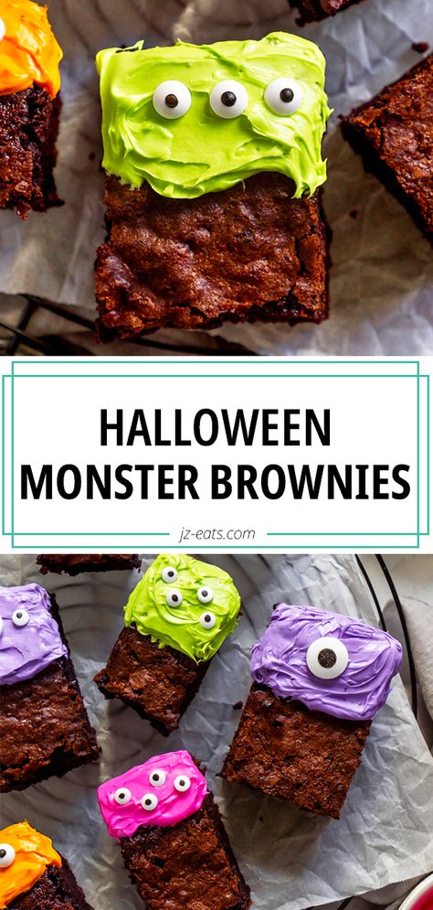 Monster Brownies, Chocolate Cake Brownies, Brownies Decorados, Decorated Brownies, Halloween Brownies, Postres Halloween, Cake Brownies, Fun Halloween Treats, Halloween Food Desserts