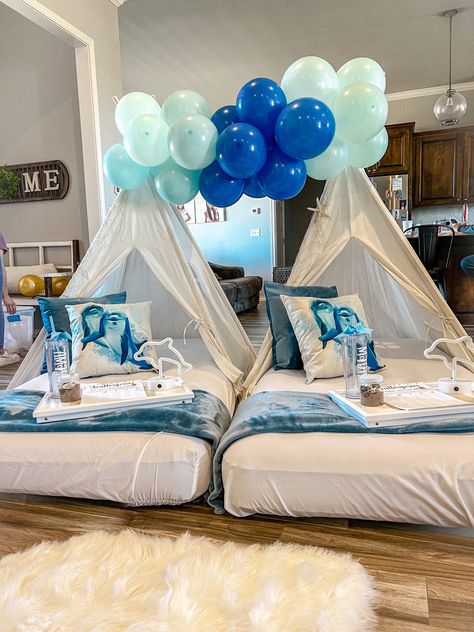 Ocean Themed Sleepover, Beach Theme Sleepover Party, Beach Sleepover, Birthday Bed, Teepee Sleepover Party, Tent Parties, Dolphin Birthday Parties, Beach Dolphin, 12th Birthday Party Ideas