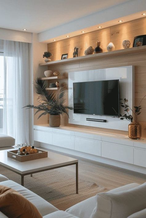 Hall Living Room Ideas, Wall Mounted Media Center, Living Room Inspiration Media Wall, Living Room Tv Furniture Ideas, Wood Tv Wall Ideas Living Room, Tv Elevation Design, Rectangle Lounge Room Ideas, Tv Wall Ideas Storage, Shelves On Tv Wall