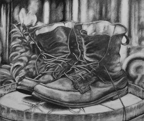 Pencil drawing of a pair of old worn boots Stormy Waters, Worn Boots, Old Boots, Male Lion, Rocky Shore, Cedar Trees, Surrealism Painting, Magical Forest, Sacred Art