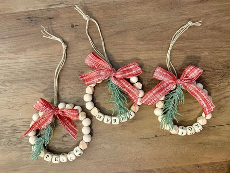 Mini Wood Bead Wreath Christmas Ornaments, Merry, Joy, Peace - Etsy Wooden Bead Wreath Ornament, Wood Bead Christmas Ornaments Diy, Wood Bead Ornaments Diy, Bead Christmas Ornaments Diy, Bead Wreath Ornament, Christmas Bead Ornaments, Wooden Bead Christmas Ornaments, Bead Ornaments Christmas, Christmas Letter Ornaments