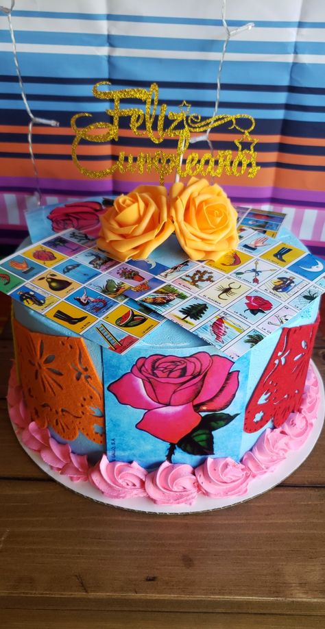 Loteria Theme Cake, Loteria Cake Ideas, Loteria Party Ideas, Mexican Dessert Table, Loteria Party, Quince Cake, Mexican Birthday Parties, 18th Birthday Decorations, Mexican Fiesta Party