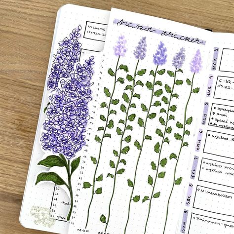 On of my favourite habit trackers🍇🥰 | Instagram Habit Tracker Aesthetic, Bujo Habit Tracker, Habit Tracker Calendar, Journal Habit Tracker Ideas, Bullet Journal Habit Tracker Ideas, Cottagecore Journal, 2024 Bujo, May Bullet Journal, Calendar Themes