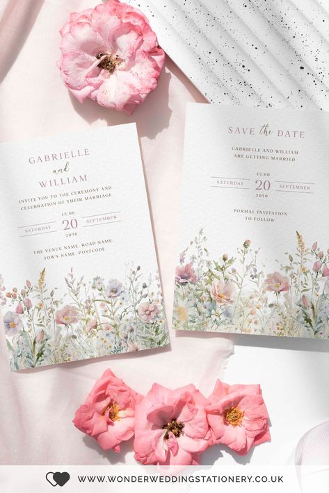 Dusty Pink Wildflower Wedding Invitations and Save the Dates Pink Flower Wedding Invitations, Whimsical Invitations Wedding, Save The Date Ideas Wedding, Watercolour Wedding Invite, Shades Of Dusty Pink, Romantic Wedding Invitations, Garden Chic Wedding, Floral Wedding Stationery, Watercolour Florals