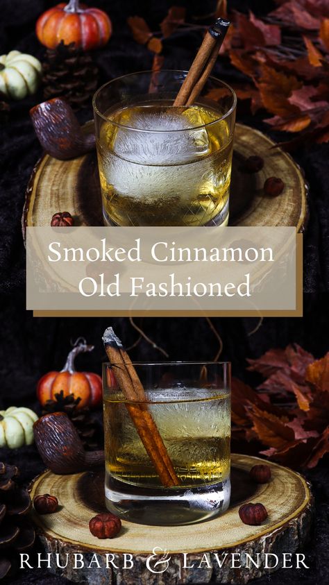 This smoke infused old fashioned is flavoured with sweet and spicy cinnamon and served with a burnt cinnamon stick for an added smoky aroma. Inspired by the character of Gandalf the Grey from J.R.R. Tolkien's The Lord of the Rings, the smoked cinnamon old fashioned is perfect for a crisp autumn day or a Lord of the Rings themed party! Thanksgiving Old Fashioned, Lord Of The Rings Themed Cocktails, Lotr Drinks, Lotr Themed Food, Cinnamon Old Fashioned, Bar Drink Recipes, Cinnamon Simple Syrup, Fantasy Food, Gandalf The Grey