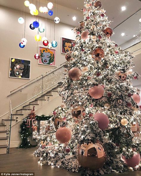 Magical: Kylie Jenner shared a photo of her massive Christmas tree this year from her Calabasas residence on Thursday Kardashian Christmas, Rose Gold Christmas Decorations, Rose Gold Christmas, Pink Christmas Decorations, Gold Christmas Decorations, A White Christmas, Christmas Tree Inspiration, Pink Christmas Tree, Christmas Tree Themes