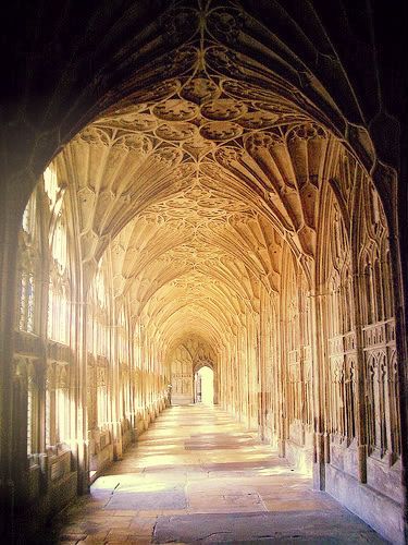 Pinned for atmosphere and inspiration Gloucester Cathedral, Gloucester, In The Middle, The Middle, Hogwarts, Hallway, England, Ceiling, Stone