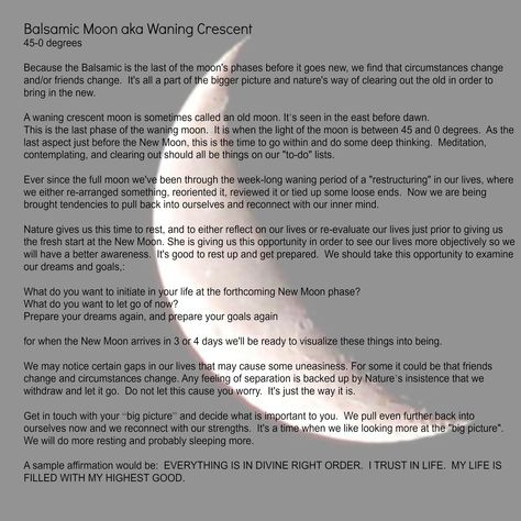 Balsamic Moon aka Waning Crescent Waning Crescent Moon Meaning, Balsamic Moon Phase, Waning Crescent Moon Ritual, Waning Crescent Moon Tattoo, Moon Aesthetic Quotes, Crescent Moon Aesthetic, Balsamic Moon, Moon Worship, Wiccan Journal