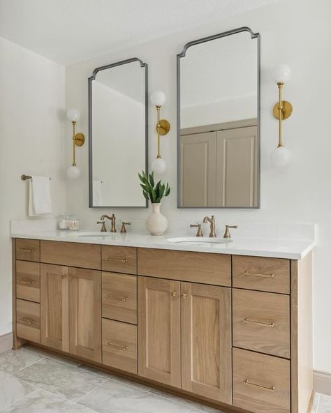 Alma Homes on Instagram: "Let’s chat about bathroom vanity mirrors & lights. In a primary bath, which option would you rather have?  💡Option 1: Two mirrors and three sconces. We love this option because you get light from the sconces directly at face level, plus we just love the look of this with pretty lights and mirrors 🫶🏼  💡Option 2: One large mirror with sconces on either side. Using one large mirror is a great option if you want your space to feel larger. Pending how bright the scones are, you may want to add additional recessed lights as well.   💡Option 3: Two mirrors with lights above. This is a good option when space doesn’t allow you to put sconces on either side of the mirrors. An alternative to this option is….  💡Option 4: Two mirrors with a double sconce in the center. If Alma Homes, Flex Room, Home Luxury, Bathroom Renos, Bathroom Vanity Mirror, Bathroom Remodel Master, Bathroom Makeover, House Inspo, Bathroom Renovation