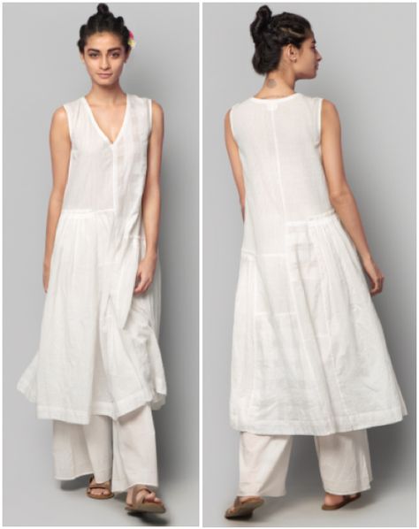 V neck, sleeveless flared long dress/ kurta Sleeveless V Neck Kurta, V Neck Sleeveless Kurti, Backless Kurti, V Neck Kurti Design, Kurta Ideas, Sleeveless Kurti, V Neck Kurta, Fashion Indian, Kurta Dress