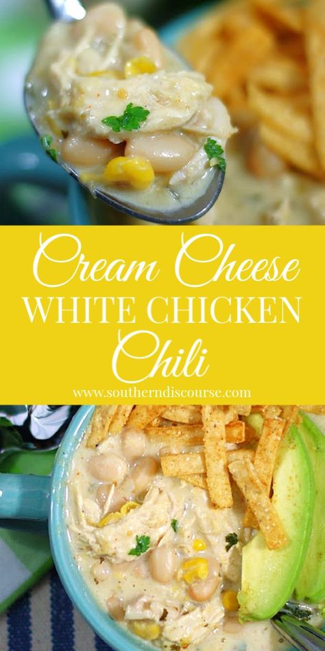 Cream Cheese White Chicken Chili, White Chicken Chilli, White Chicken Chili Recipe Crockpot, Creamy Chicken Chili, Cream Cheese Chicken Chili, White Chicken Chili Slow Cooker, Chicken Chili Crockpot, White Bean Chicken Chili, Slow Cooker Chicken Chili