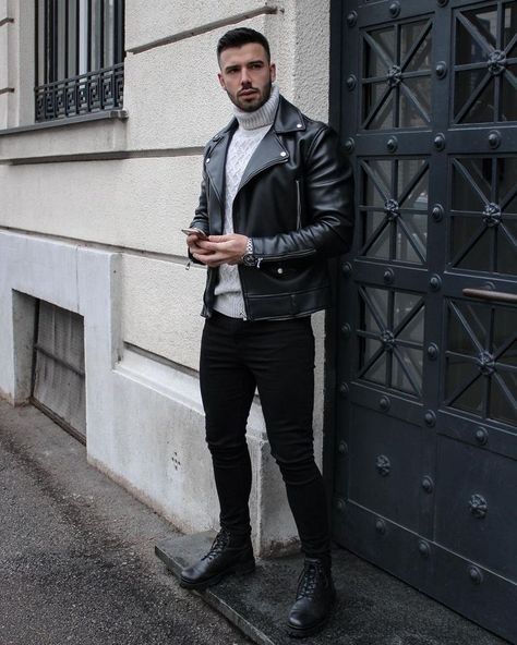 Streetwear Men Outfits Street Fashion, Winter Outfits Men Streetwear, Biker Jacket Outfit, Men's Leather Jackets, Leather Jacket Outfit Men, Jacket Designs, Black Leather Jacket Men, Mens Winter Fashion Outfits, Leather Jacket Men Style