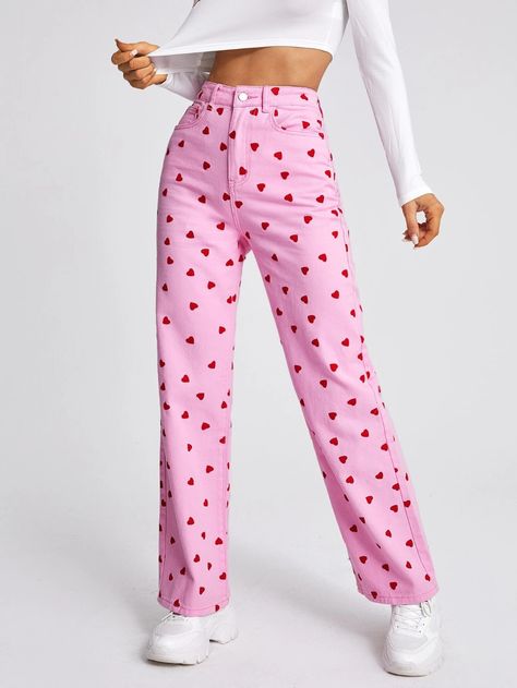 High Waist Heart Print Jeans | SHEIN USA Heart Print Jeans, Hslot Outfits, Hslot Outfit Ideas, Hslot Outfit, Harry Styles Concert, Print Jeans, Outfit Jeans, Printed Jeans, Pink Pants