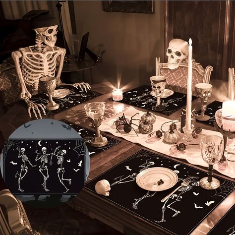 Color: 1pc Dancing Skeleton Placemat. Material:Polyester. Power Supply:Use Without Electricity. Faster shipping. Better service Creepy Halloween Party, Deco Halloween, Ghost Decoration, Kitchen Fabric, Halloween Designs, Fete Halloween, Dining Table Decor, Halloween Party Decor, Dining Decor