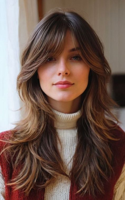 Fall Layered Hair, Long Bang Haircut, Straight Layered Hair With Bangs, Long Layered Haircut With Bangs, Long Haircut With Bangs, Long Shag Haircut With Bangs, Long Layered Shag, Layered Hairstyles With Bangs, Long Layered Hair With Bangs