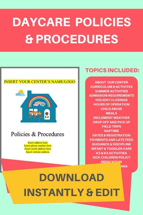 It is very important that parents know the daycare's policies before enrolling their children in your center. Your state licensing department also requires certain topics to be disclosed in your policies or parent handbook. This printable form contains all necessary policies & guidelines to run a daycare or childcare center. Daycare Policy Handbook, Starting A Daycare Center, Daycare Policies And Procedures, In Home Childcare, Daycare Business Plan, Manual Template, Parent Handbook, Home Childcare, Online Preschool