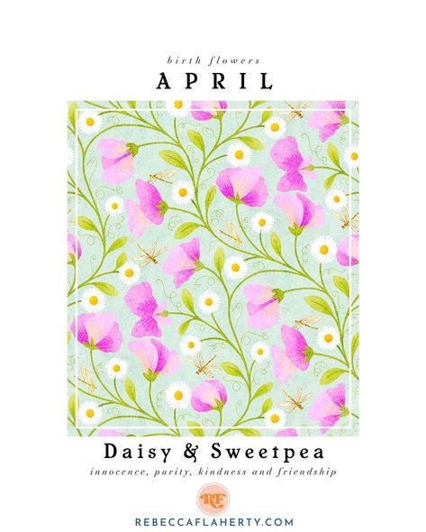 Happy birthday April babies! This has got to be one of the sweetest combinations of birth flowers; the daisy and the sweet pea 💚🤍🩷 #surfacepatterndesign #floralartist #birthflowers #daisy #sweetpea #April #aprilbirthday Sweet Pea Illustration, April Birth Flowers, Pea Illustration, Daisy And Sweet Pea, Happy Birthday April, Sweet Pea Flower, April Birth Flower, Sweet Pea Flowers, Gouache Illustrations