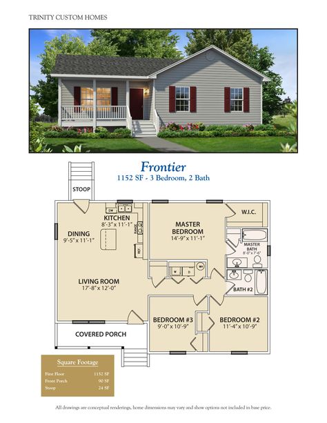 Trinity Custom Homes Frontier Small Floor Plans, Affordable House Plans, House Plans 3 Bedroom, Small House Plan, Cottage Plan, Cottage House, Bedroom House Plans, Tiny House Plans, New House Plans