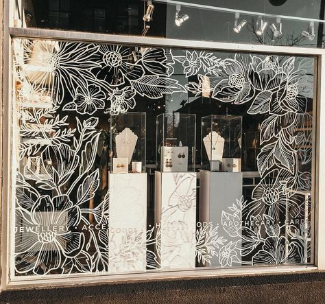 Natasha Runions on Instagram: “Oops... I think we might have jinxed it! 😅 This window mural was finished last week, pre-snowfall! . . . . #natasharunionsart #ottawa…” Window Art Stencils, Window Display Painting, Window Display Drawing, Store Window Painting, Spring Window Art, Window Branding, Shop Mural, Summer Window Display, Painted Window Art