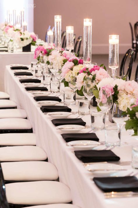 Blush Black Wedding Decor, Blush Pink And Black Wedding Receptions, Black White And Pink Wedding Reception, White Gold Pink Wedding, Pink Black White Wedding, Black White Blush Wedding, Pink Black And White Wedding, Black White And Pink Wedding, Wedding Decorations Black