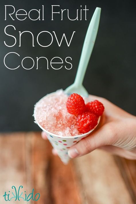 Healthy Fruit Snow Cone Syrup Recipe and Tutorial | Tikkido.com Natural Snow Cone Syrup Recipe, Shave Ice Syrup Recipe, Snow Cone Syrup Recipe, Sno Cone Syrup, Homemade Snow Cones, Shaved Ice Recipe, Snow Cones Recipes, Shaved Ice Syrup, Snow Cone Stand