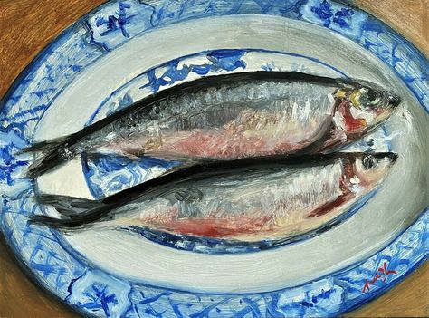 Fish Still Life Painting, Fish On A Plate Painting, Mackerel Painting, Fish Still Life, Fish Oil Painting, Greek Fish, Crafty Witch, Fish Paintings, Mackerel Fish