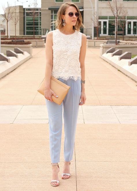 Powder Blue (via Bloglovin.com ) Light Blue Dress Pants Outfit For Women, Powder Blue Pants Outfit, Light Blue Pants Outfit Women, Light Blue Pants Outfit, Feminine Workwear, Light Blue Dress Pants, Wardrobe Necessities, Blue Pants Outfit, Neutral Wardrobe