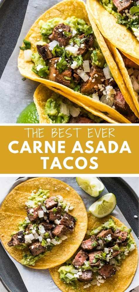 Easy carne asada tacos made from juicy and tender marinated flank steak or skirt steak and topped with diced onions, crumbled cotija cheese and fresh cilantro. These authentic Mexican street tacos are super flavorful and will quickly become a family favorite! Authentic Mexican Street Tacos, Easy Carne Asada, Carne Asada Tacos Recipe, Mexican Street Tacos, Steak Taco Recipe, Taco Recipes Mexican, Carne Asada Marinade, Street Taco Recipe, Isabel Eats