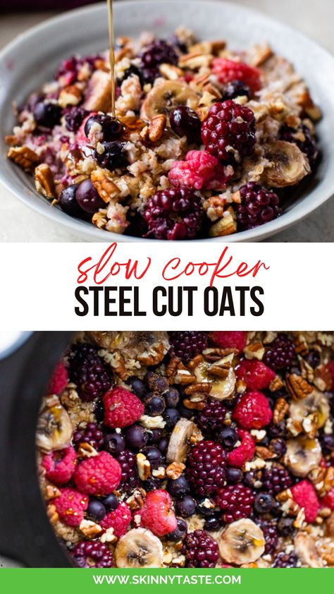 Slow Cooker Steel Cut Oats made with quick steel cut oats, berries, bananas, maple syrup, and nuts are an easy, high-fiber breakfast! Steel Cut Oats Slow Cooker, Steel Cut Oats Recipes, Skinnytaste Breakfast, Slow Cooker Steel Cut Oats, Slow Cooker Oats, Fiber Breakfast, Steel Cut Oats Recipe, Slow Cooker Oatmeal, High Fiber Breakfast