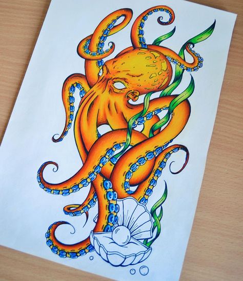 Octopus Tattoo Design Colored, Cool Octopus Drawing, Octopus Drawing Color, Octopus Tattoos Color, Octopus Artwork Drawing, Octopus Tattoo Design Sketches, Octopus Art Illustration, Octopus Art Painting, Traditional Octopus Tattoo