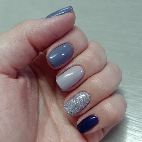 Navy Gray Nails, Greyish Blue Nails, Blue And Gray Nails, Blue And Grey Nails, Nails With Silver Glitter, White Nail Ideas, Nails With Silver, Gray Nail, Blue And White Nails