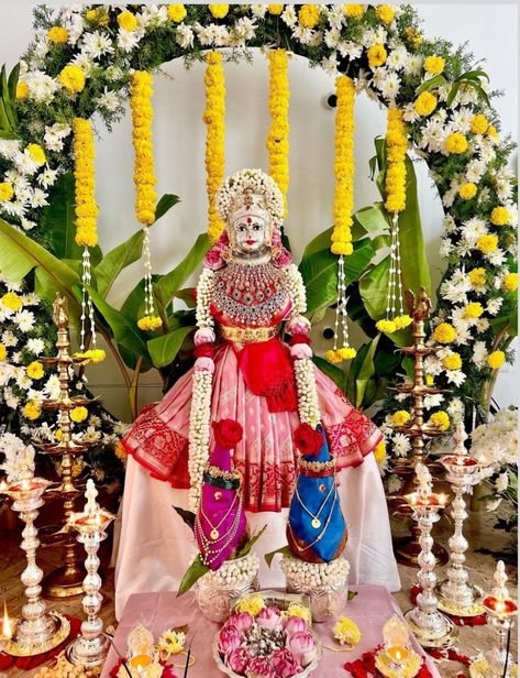 Varalakshmi Vratam Decoration, Varlaxmi Decorations, Diy Varalakshmi Pooja Decoration, Gowri Pooja Decoration, Simple Varamahalakshmi Decoration Ideas, Lakshmi Pooja Decoration Ideas, Varamahalakshmi Decoration Ideas At Home, Varalaxmi Pooja Decoration, Mahalaxmi Decoration Ideas At Home