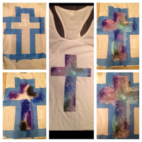 Project of mine(: galaxy paint cross t shirt tank top diy. I used acrylic paint instead of fabric paint though!(; Diy Galaxy Painting, Tank Top Diy, Painted Crosses, Choir Shirts, Cross T Shirt, Vacation Bible School Craft, Planet Kids, Tank Tops Diy, Dtf Designs