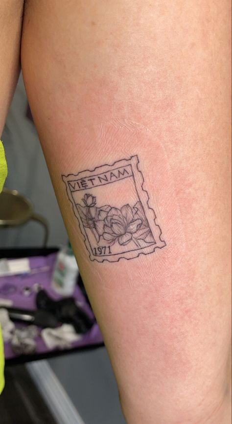 Vietnam Postage Stamp Tattoo, Lotus Stamp Tattoo, South East Asia Tattoo Ideas, Made In Vietnam Tattoo, Vietnamese Tattoo Ideas Symbols, Vietnamese Stamp Tattoo, Viet Tattoo Ideas, Vienna Stamp Tattoo, Vietnam Tattoo Ideas Design