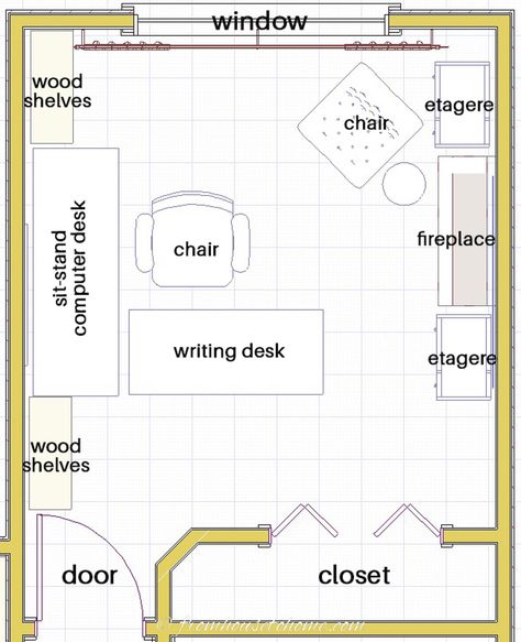 Two Screen Desk Home Office, Office Functional Layout, How To Arrange An Office, Functional Home Office Layout, 10x20 Office Layout, Small Rectangle Office Layout Ideas, Angled Desk Office Layout, Study Room Layout Floor Plans, At Home Office Layout