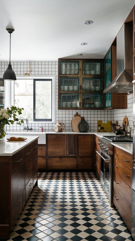 Bold, eclectic kitchen decor for a stylish, modern space. West Coast Kitchen Design, Diane Keaton Kitchen, French Eclectic Kitchen, Tiled Walls Kitchen, Boho Cottagecore Kitchen, Tudor Revival Kitchen, Earthy Home Kitchen, 60s Ranch Kitchen Remodel, 90s Kitchen Makeover