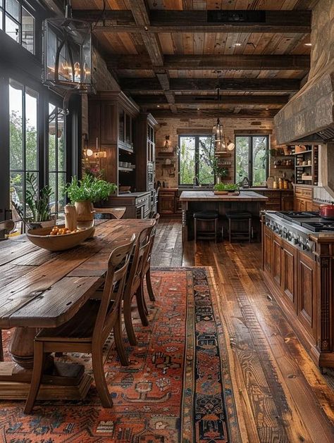 Rustic Log Cabin Interior, Country Kitchen Inspiration, Rustic Wall Decor Diy, Cabin Kitchen Decor, Boho Style Kitchen, French Country Kitchen Designs, Timeless Kitchen Design, Dark Boho, Log Cabin Interior