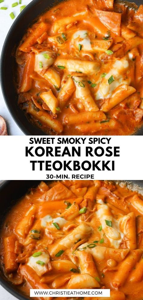 Rose Tteokbokki. Chewy bouncy rice cakes simmered in a delicious smoky spicy sweet cream sauce with bacon, fish cakes and cheese! A milder version of your usual Spicy Tteokbokki thanks to the cream sauce. Ready in just 30 minutes! Great as a meal or heavy snack. Recipe link: https://christieathome.com/blog/rose-tteokbokki/ #korean tteokbokki recipe #rose tteokbokki recipe #tteokbokki recipe easy #tteokbokki photography #korean tteokbokki aesthetic Tteokbokki Rose Recipe, Sweet Tteokbokki Recipe, Tteokbokki Sauce Recipe Not Spicy, Tobokki Sauce Recipe, Tteokbokki Photography, Rose Teokkboki Recipes, Rose Tokbokki, Tteokbokki Vegetarian, Taebokki Korean Food