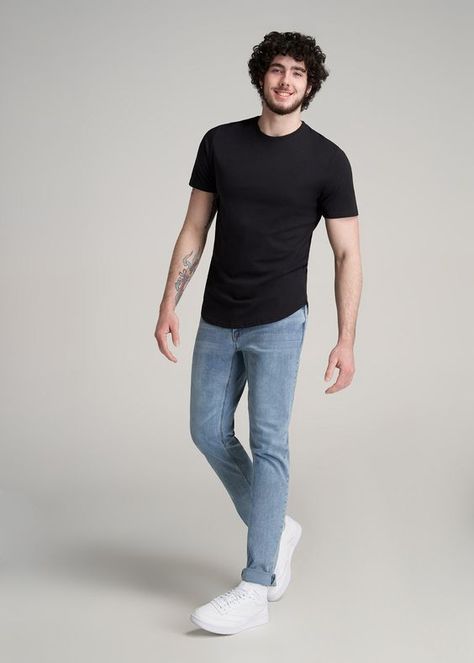 Recommend going one size up Outfits For Men With Broad Shoulders, Men In T Shirt, Mens Black T Shirt Outfits, Tall Men Summer Outfit, Jeans And Tshirt Outfits Casual Men, Outfit For Tall Guys, Tall Lean Men Fashion, Tall Guys Outfits Casual, Outfit For Tall Men